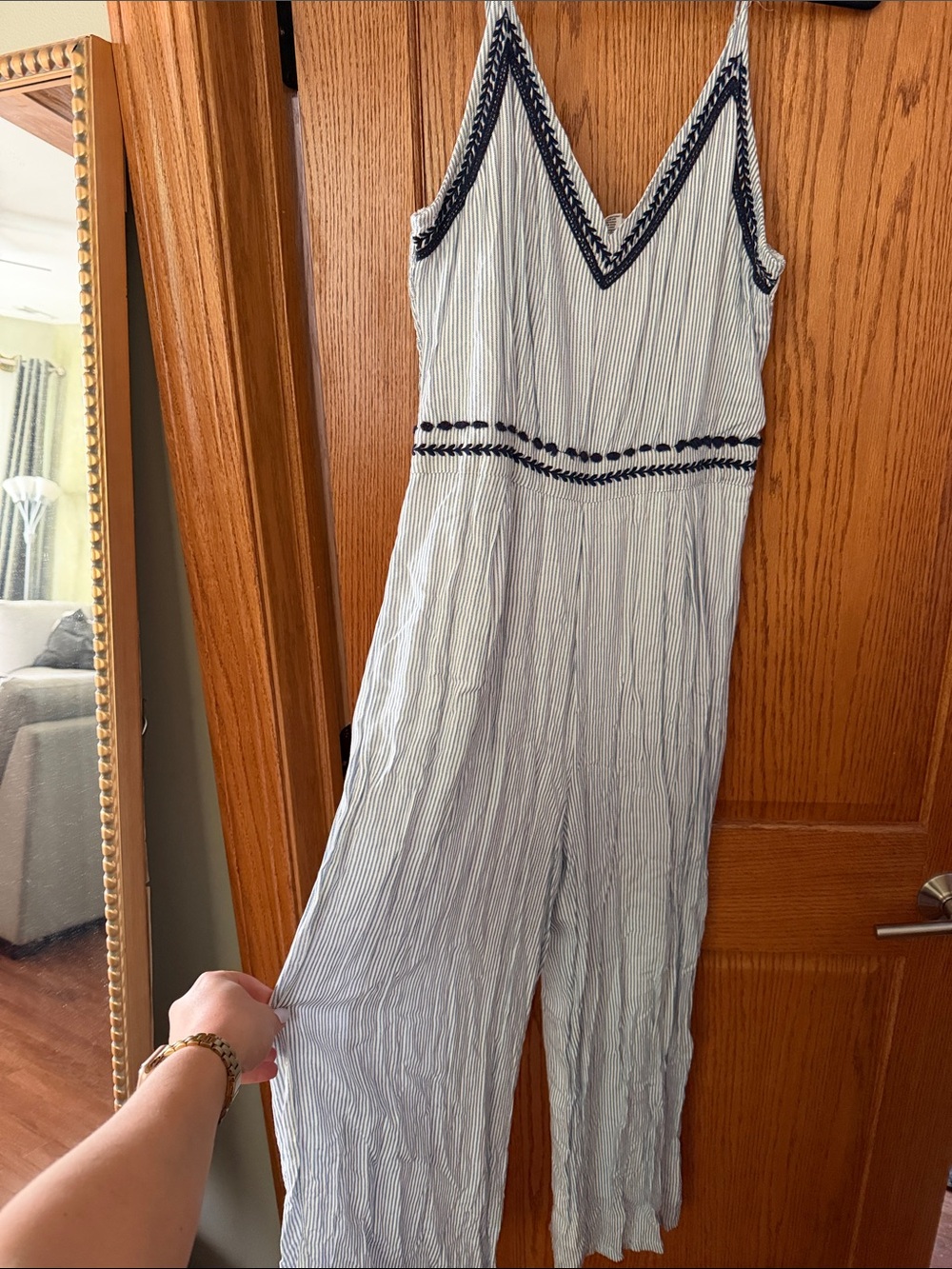 Striped V-Neck Wide Leg Jumpsuit with Navy Trim